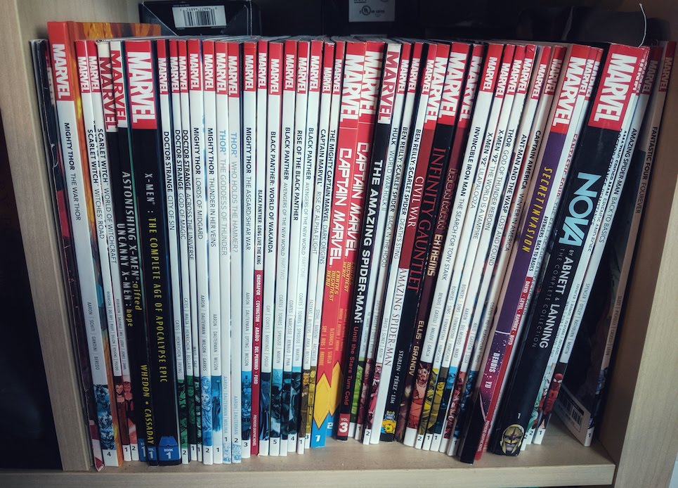 The stack of Marvel comics on my shelf